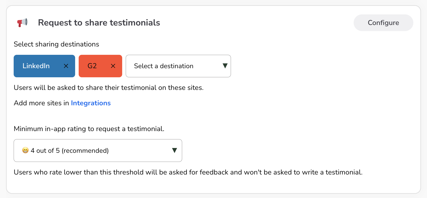 Configure testimonial sharing requests